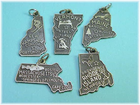 Vintage State Map Sterling Silver Charm / Pendant, For Charm Bracelet, You Pick The State, Vermont, MA    FREE Shipping