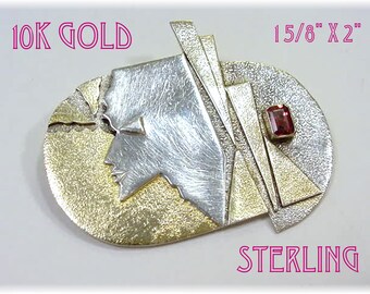 10K Gold Profile Abstract Tourmaline brooch, Sterling Silver Brooch Pin, Artisan Art Jewelry, Silhouette, Modern Art Modernist FREE SHIPPING