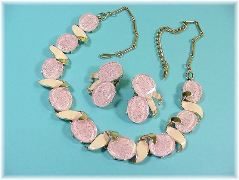 CORO Pink Confetti Thermoset Necklace Earrings Set Gold Etsy