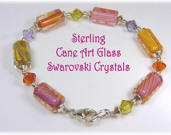 David Christensen Cane Glass Sterling Silver Bracelet, Artisan Art Jewelry, Art Glass, Crystal Beads, Lampwork, Kaleidoscope   FREE SHIPPING