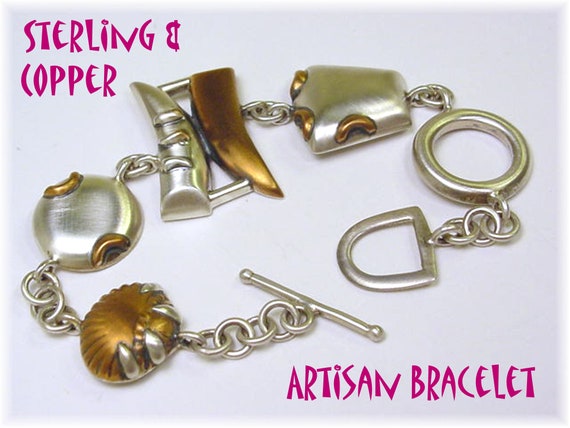 Abstract Art Sterling Silver Copper Bracelet, Art… - image 1