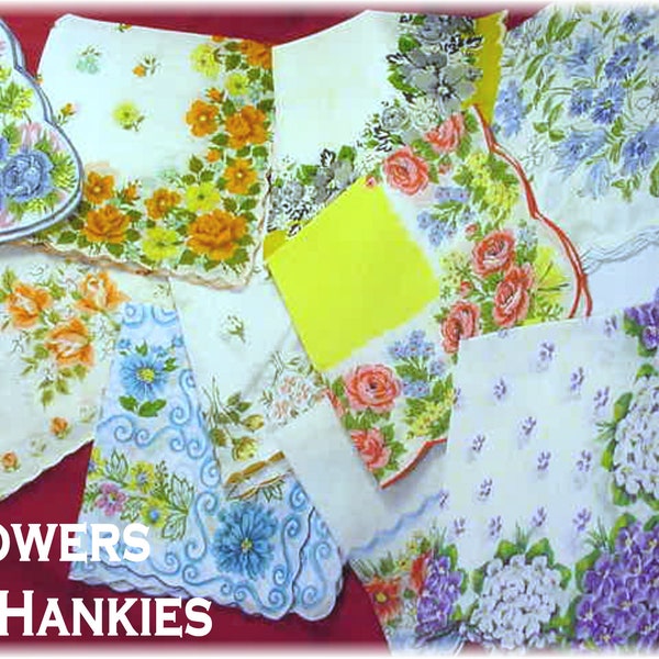 11 Flowers Cotton Hankie Lot, Rose Violets Sheer Cotton Handkerchiefs + FREE Surprise Hankies, Hanky, Vintage Linens, Roses FREE SHIPPING