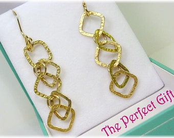 14K Gold Hammered Cubist Dangle Earrings, Goldsmith One of A Kind Jewelry, Brutalist, Modern Art, Modernist    FREE SHIPPING