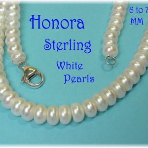May include: A white pearl necklace with a sterling silver clasp. The necklace is composed of round, lustrous pearls, approximately 6 to 7 mm in diameter. The text "Honora Sterling White Pearls" is displayed in blue.