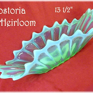 Fostoria Heirloom Green Opalescent Winged Console Bowl, RARE American Art Glass Vase Dish Oblong Fluted,  Christmas Gift   FREE SHIPPING
