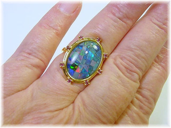 18K Gold Black Australian Opal Mosaic Cocktail To… - image 8