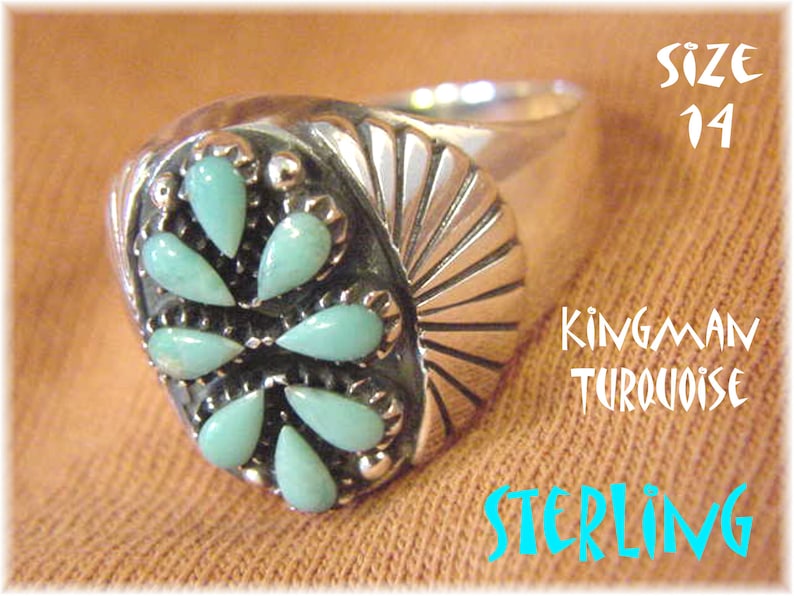 Size 14 Thumb Ring Needlepoint Petit Point Native American Concho Indian FREE SHIPPING Kingman Turquoise Sterling Silver Zuni Ring