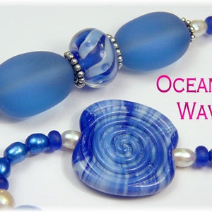 Sea Glass Necklace, Sterling Silver Blue Waves Necklace, Lampwork Art Glass Beads, Artisan One of A Kind, Beach Tropical, Blue FREE SHIPPING