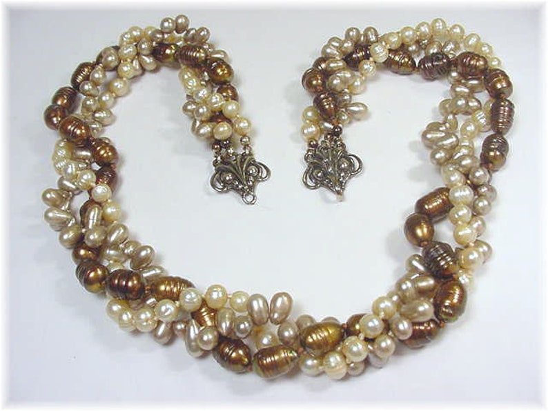 Chocolate Brown Baroque 3 Strand Twisted Pearl Sterling Silver Necklace FREE SHIPPING Artisan Iridescent 6 to 10 mm Torsade Pearls Bead