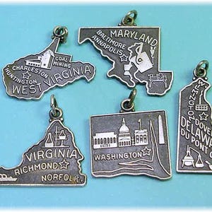 Carte d'état vintage en argent sterling / pendentif, bracelet à breloques, État à vous de choisir, Delaware, Virginie, Maryland, Virginie-Occidentale DC, livraison gratuite