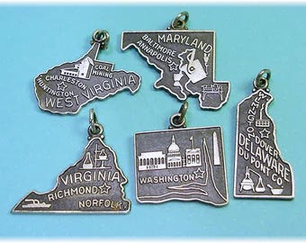 Vintage State Map Sterling Silver Charm or Pendant, Charm Bracelet, You Pick State Delaware Virginia Maryland West Virginia DC FREE Shipping