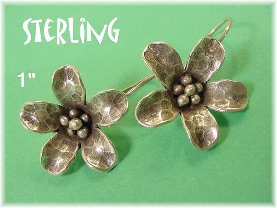Flower Hammered Sterling Silver Earrings Artisan … - image 1