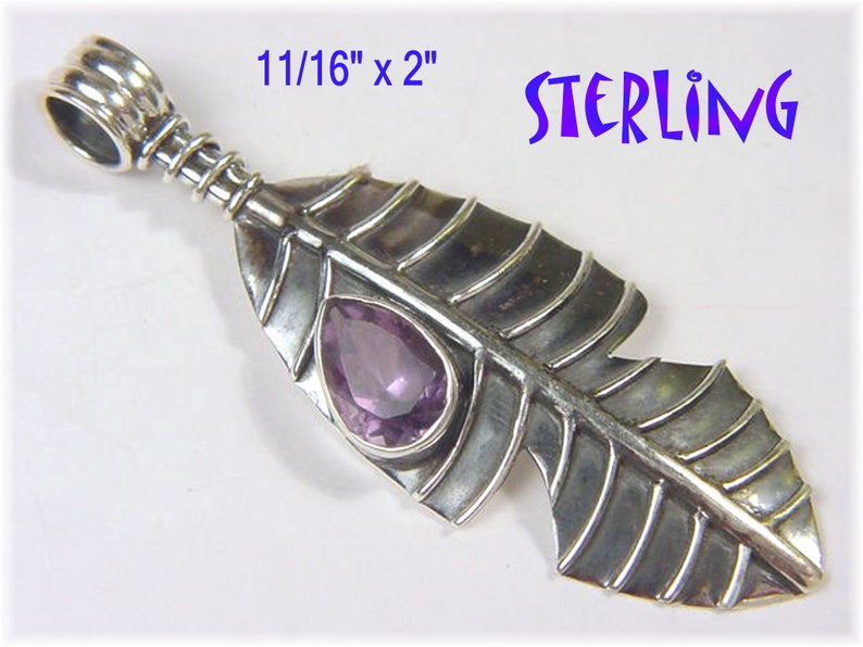Amethyst Pendant, Indian Feather Sterling Silver Oxidized Pendant ...