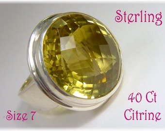 40 Ct Citrine Cushion Cut Sterling Silver Big Bold Cocktail Ring, Large Natural Citrine   FREE SHIPPING