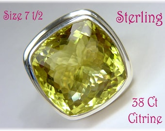 38 Ct Citrine Cushion Cut Sterling Silver Big Bold Cocktail Ring, Large Natural Citrine   FREE SHIPPING