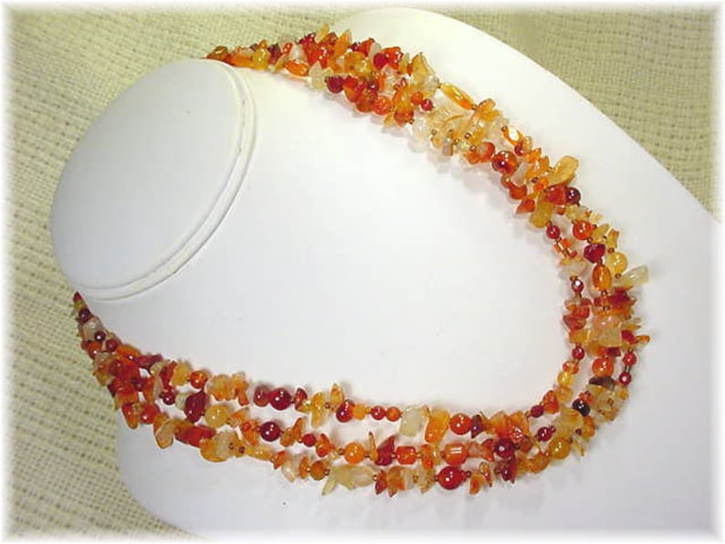 Carnelian Nugget Sterling Silver 3 Strand Necklace Artisan OOAK Orange Red Bead Agate Layering Handmade Autumn Jewelry FREE SHIPPING