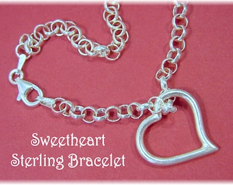 Open Heart Sterling Silver Bracelet, Rolo Chain Link Bracelet, Modern Art, Wedding Jewelry,  Gift For Her, Heart Bracelet   FREE SHIPPING