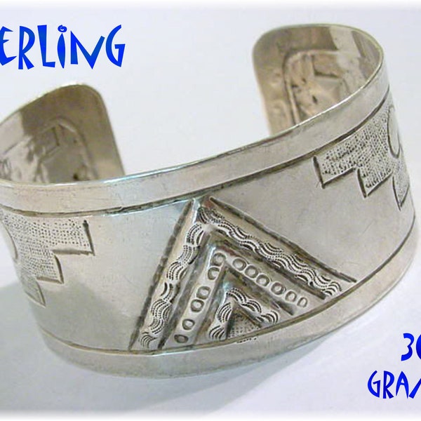 Mayan Pyramid Sterling Silver Cuff Bracelet - Indian Mexican Mexico - Flexible Wide Chunky 36 Grams - Native American Arizona FREE SHIPPING