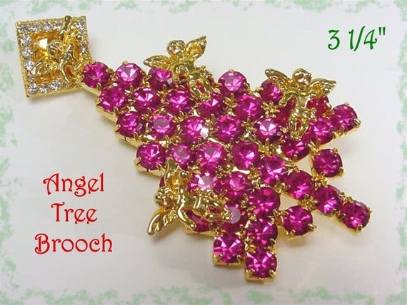 Vasari Rhinestone Christmas Tree Angel Brooch Pin, Sparkling Magenta Pink Crystals,  Costume Jewelry   FREE SHIPPING