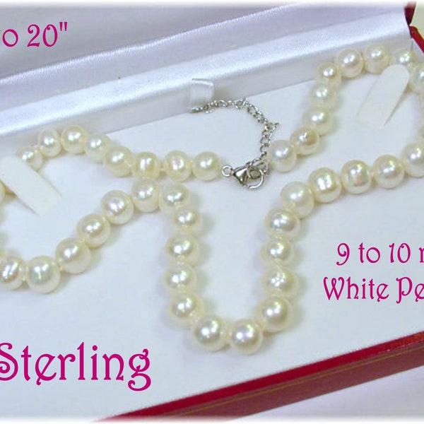 White Pearl 20" Strand Sterling Silver Necklace - 10 mm Akoya Pearls - Hand Knotted, Wedding Jewelry, Beach, Tropical, Bride + FREE SHIPPING