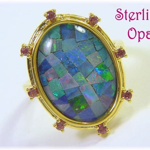 18K Gold Black Australian Opal Ring, Mosaic Cocktail Tourmaline Ring, 18K Gold Ring, Sterling Silver Ring, Blue Fiery Opals  FREE SHIPPING