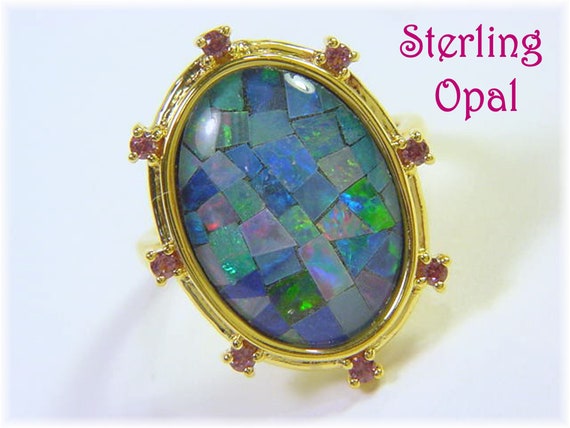 18K Gold Black Australian Opal Mosaic Cocktail To… - image 1