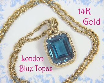 14K Gold 3 Ct London Blue Topaz Pendant Necklace, Custom Goldsmith One of A Kind Jewelry,  Zen  FREE SHIPPING