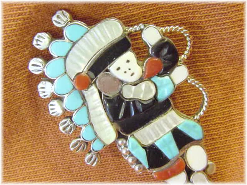 FREE SHIPPING Lavonne Lalio Native American Arizona Zuni Indian Dancer Sterling Silver Kachina Brooch Pendant Inlay Turquoise Coral