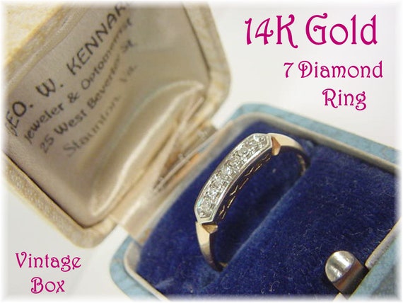 14K Gold 7 Diamond Wedding Ring, Vintage Ring Box… - image 1