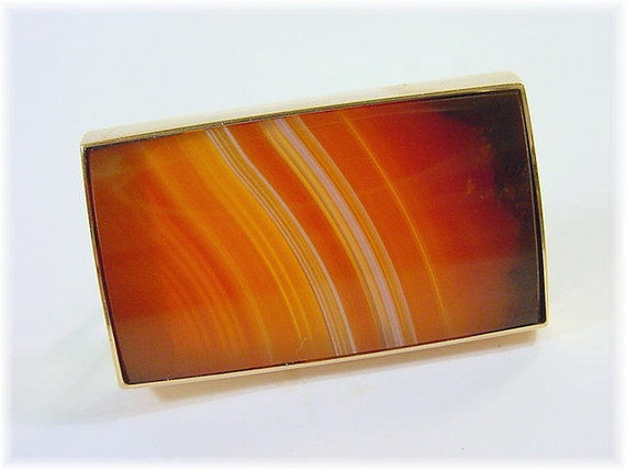 10K Gold Banded Agate Bar Brooch Pin, Carnelian, … - image 3