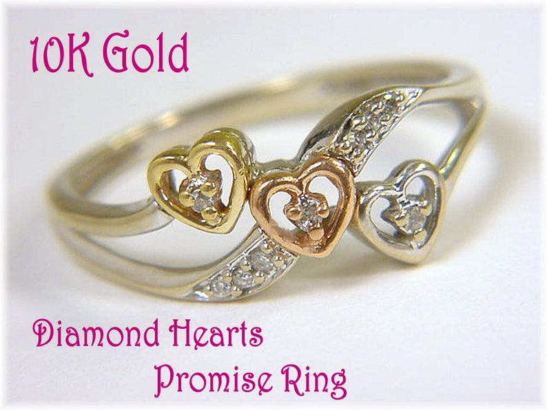 Daughter Ring Stack Triple Heart Diamond 10K Gold Sweetheart Promise Ring FREE SHIPPING White Yellow Rose Gold Promise Ring 14K