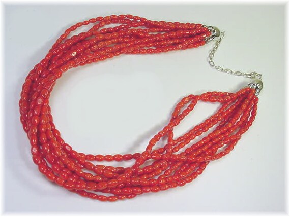 レッドコーラル 10連 スターリングシルバーネックレス、レッド