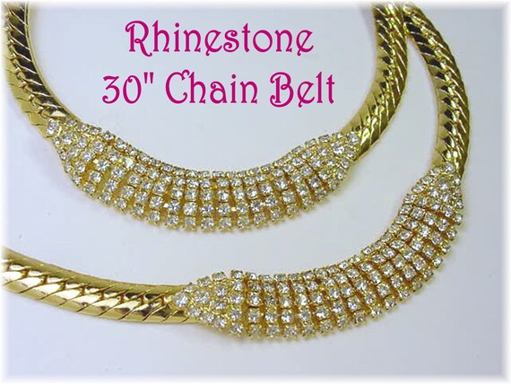 Crystal Rhinestone Belt Necklace, Heavy Gold Snake Chain 