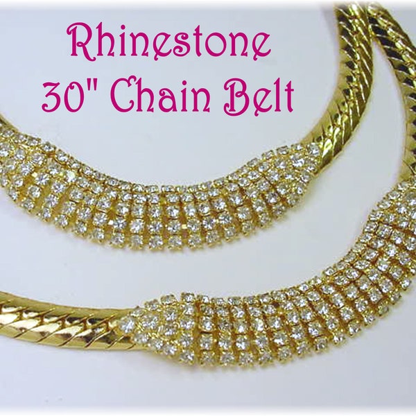 Crystal Rhinestone Belt Necklace, Heavy Gold Chain, Sparkling Crystal Rhinestones, Prom, Runway Fashion + FREE Earrings + FREE SHIPPING