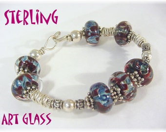Blue Art Glass Lampwork Bead Sterling Silver Bracelet, Wire Wrapped, 39 Grams, Custom One of A Kind Artisan Jewelry, Art   FREE SHIPPING