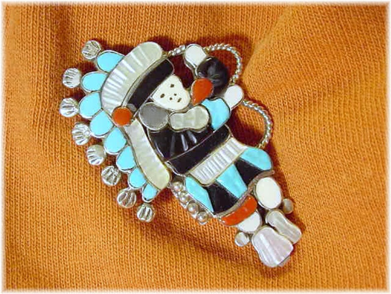FREE SHIPPING Lavonne Lalio Native American Arizona Zuni Indian Dancer Sterling Silver Kachina Brooch Pendant Inlay Turquoise Coral