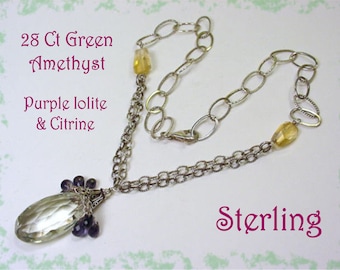 Green Amethyst Sterling Silver Pendant Chain Necklace, Custom Silversmith One of A Kind, Iolite, Citrine    FREE SHIPPING