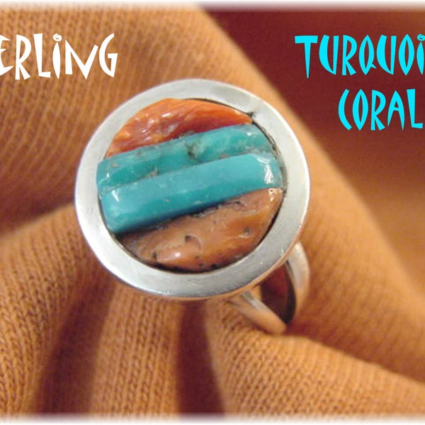 Zuni Corn Row Sleeping Beauty Turquoise Coral Sterling Silver Ring - Size 5 - 1940s Old Pawn Native American Indian Arizona + FREE SHIPPING