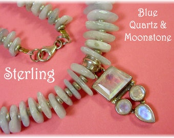 Moonstone Sterling Silver Pendant Bead Necklace, Blue Quartz, One of A Kind Art Jewelry, Beach   FREE SHIPPING