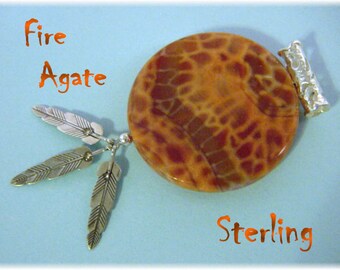 Fire Agate Sterling Silver Pendant with Feathers, Artisan One of A Kind, Native American Indian, Jewelry, Western, Boho, Zen   FREE SHIPPING