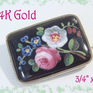 14K Gold Brooch Victorian Mourning Hand Painted Flowers Pin, 1880s French Jet Black Glass Jewelry, Antique Jewelry, Vintage    FREE SHIPPING