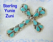 Zuni Inlay Cross Pendant Sleeping Beauty Turquoise Sterling Silver - Signed Yunie - Needlepoint Petit Point, Native American FREE SHIPPING