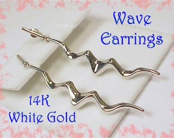 14K White Gold Lightning Bolt Earrings, Modernist, Meteorologist, Abstract, Modern Art, Squiggle   FREE SHIPPING