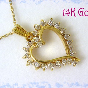 14K Gold Diamond Necklace, 14K Gold Open Heart Pendant, 14K Gold Chain Necklace, Wedding Jewelry,  14K Gold Diamond Heart    FREE SHIPPING