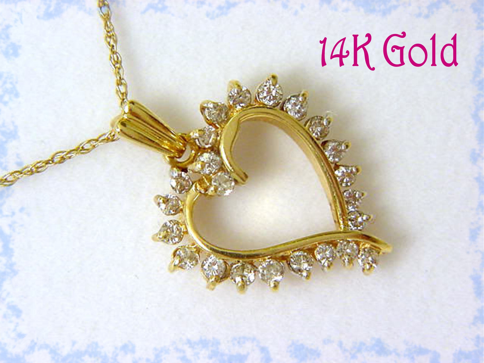 Diamond Open Heart 14K Gold Pendant & Chain Necklace Gift 