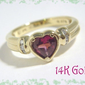 14K Gold Garnet Diamond Heart Ring, 14K Gold Garnet Ring, 14K Gold Diamond Ring, Promise Ring, Anniversary Gift, Garnet Ring   FREE SHIPPING