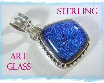 Sea Blue Art Glass Sterling Silver Pendant, Fire Iridescent Dichroic Glass, Artisan Jewelry, Lampwork Glass, Beach  FREE SHIPPING