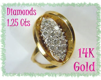 14K Gold 1.25 Cts Diamond Cluster Ring, 14K Gold Diamond Ring, Sparkling Diamonds, Cocktail Statement Ring, Wedding Jewelry   FREE SHIPPING