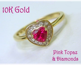 10K Gold Diamond Red Topaz Heart Ring, Promise Ring, Pink   FREE SHIPPING
