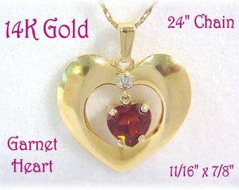 14K Gold Garnet Diamond Dangle Heart Pendant with 14K Gold Chain Necklace, 14K Gold Heart, 14K Gold Necklace, Garnet Necklace  FREE SHIPPING